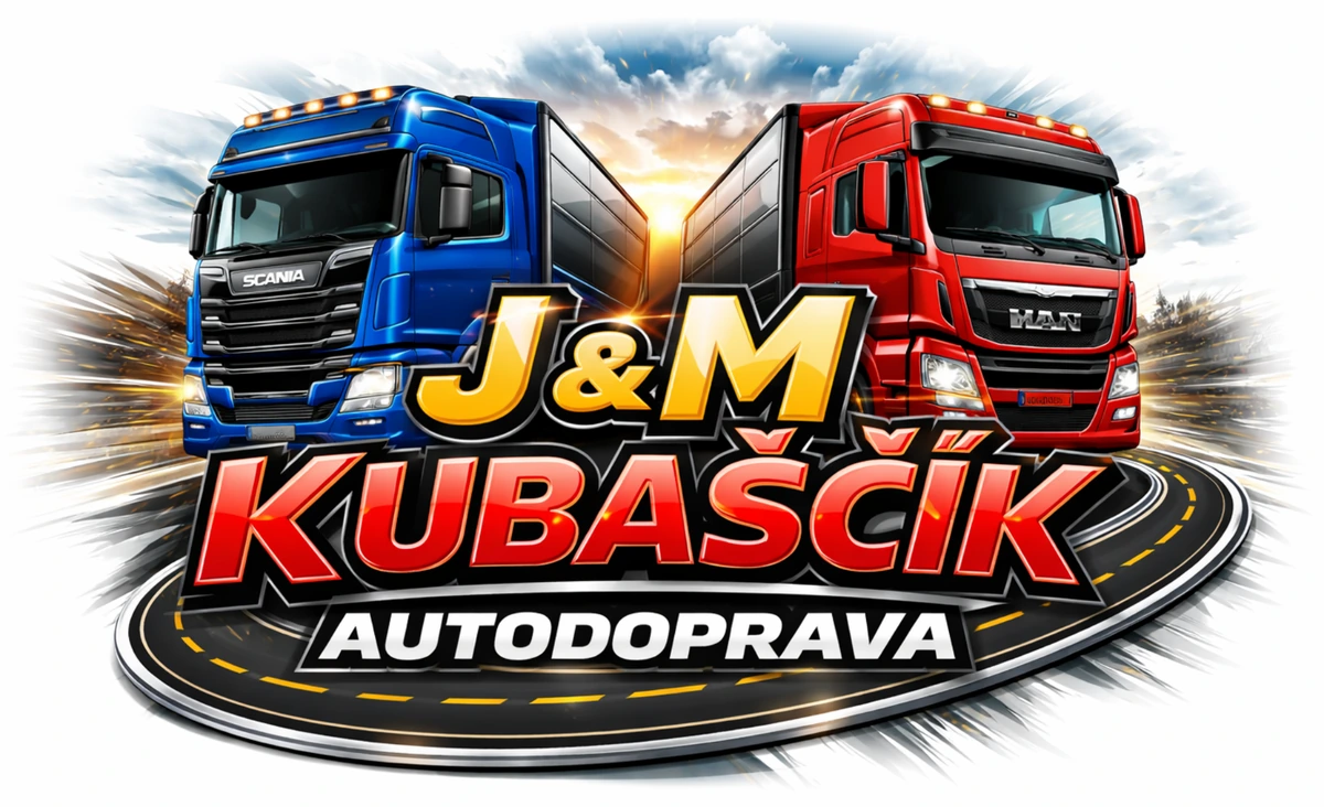 J&M Kubaščík Autodoprava – firemné logo s nákladnými vozidlami